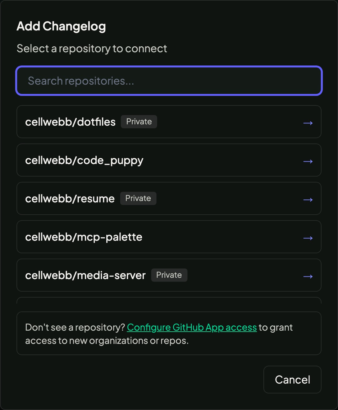 Repository selection in the Add Changelog modal