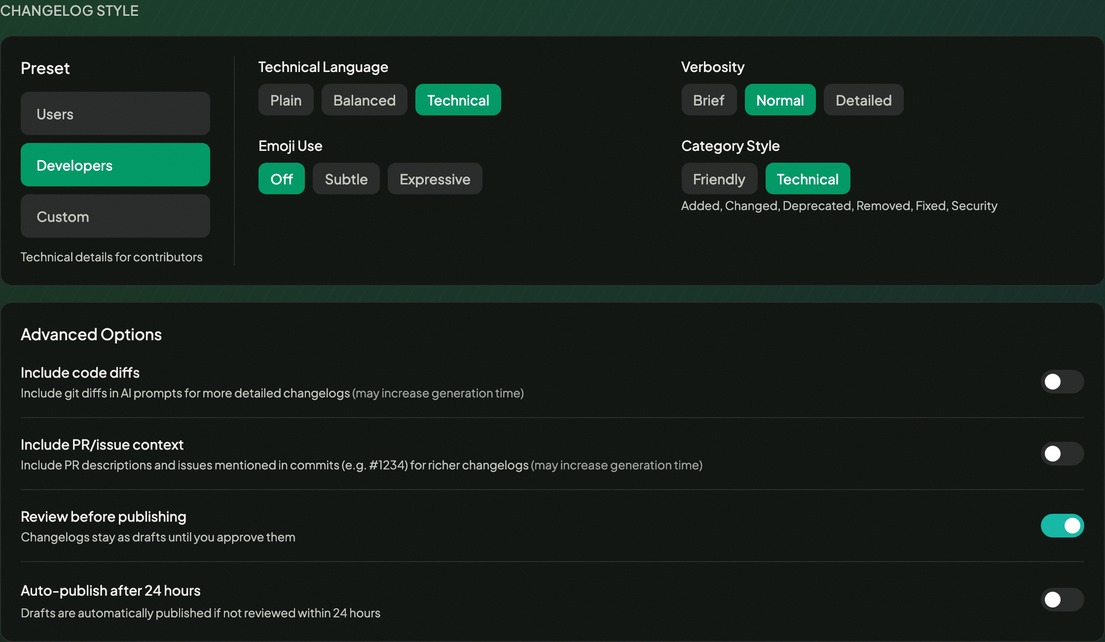 Changelog style presets and advanced options