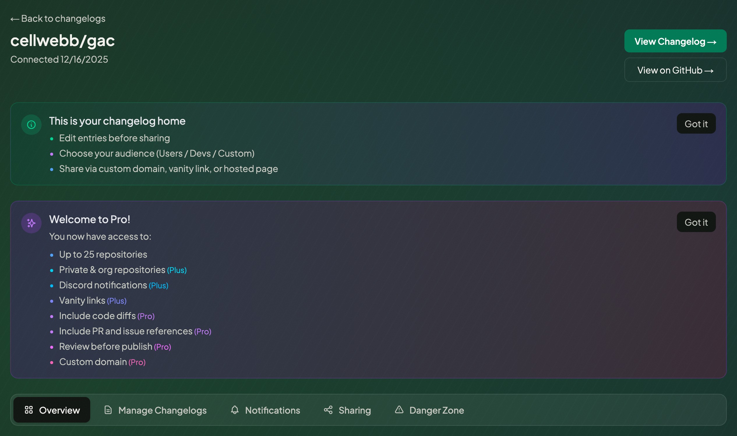 Connected repository settings